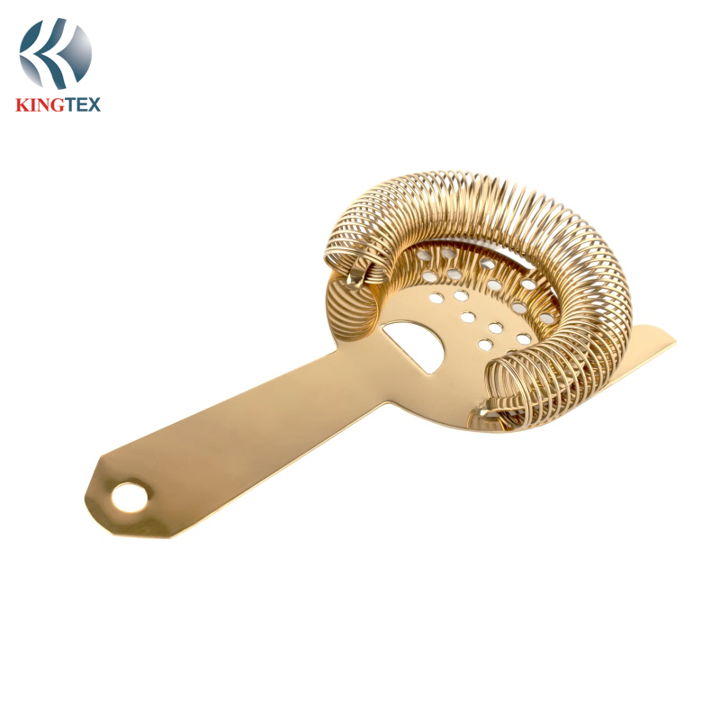Cocktail Strainer, Hawthorn Stainless Steel Gold Plated Bar Professional Strainer with 100 Wire Spring KINGTEXBAR ST009