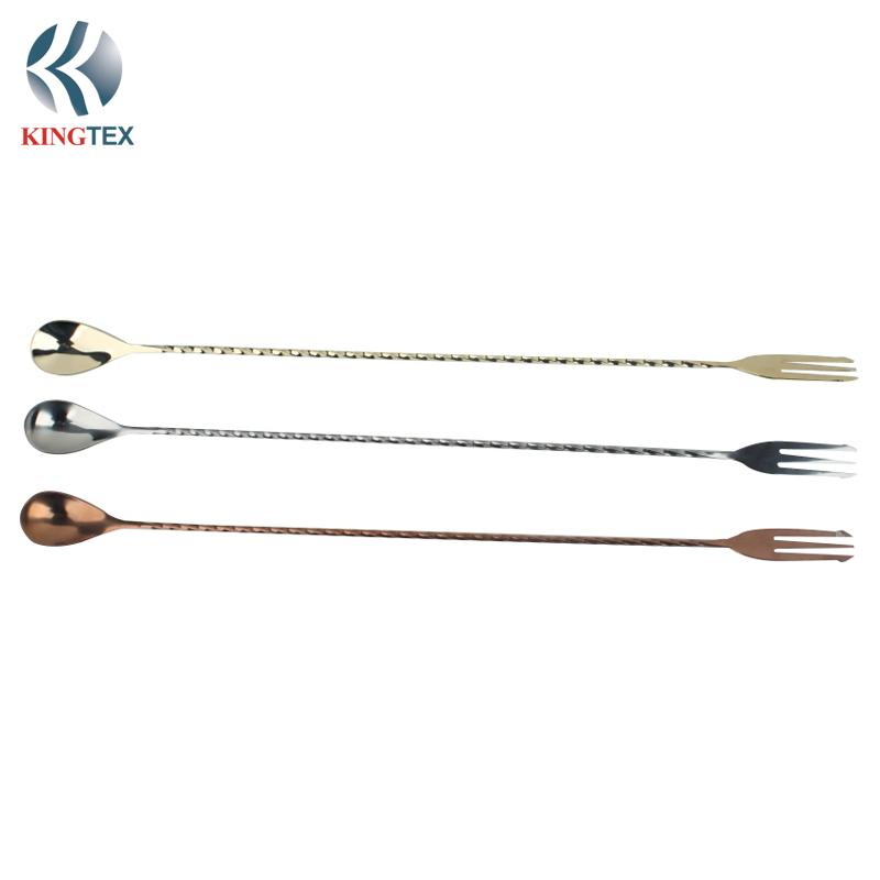 Two-Headed Fork Mixing Spoon Stainless Steel  Creative Bar Stem Screw Ice Fork Mixer Cocktail Spoon(L19CM) KINGTEXBAR SP031